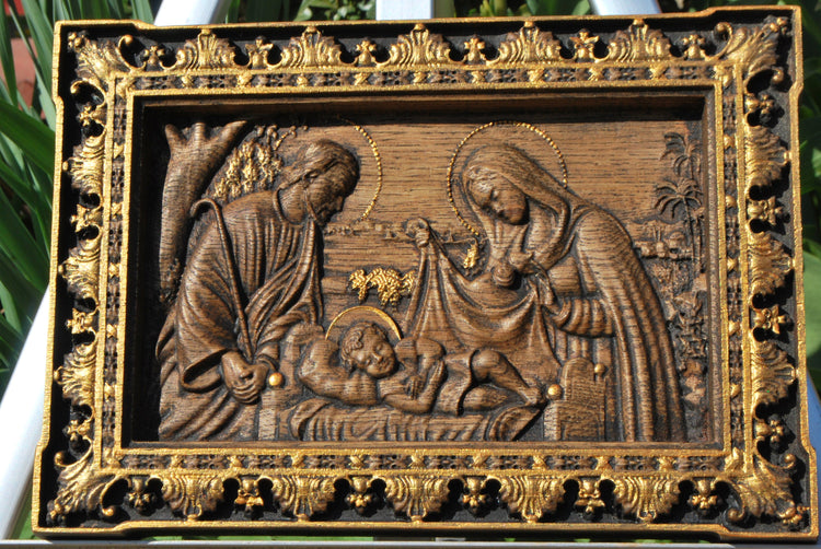 Holy Familly Wooden Carved Plaque Long 267