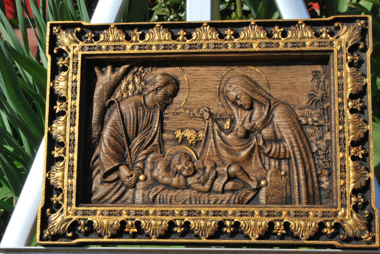 Holy Familly Wooden Carved Plaque Long 267