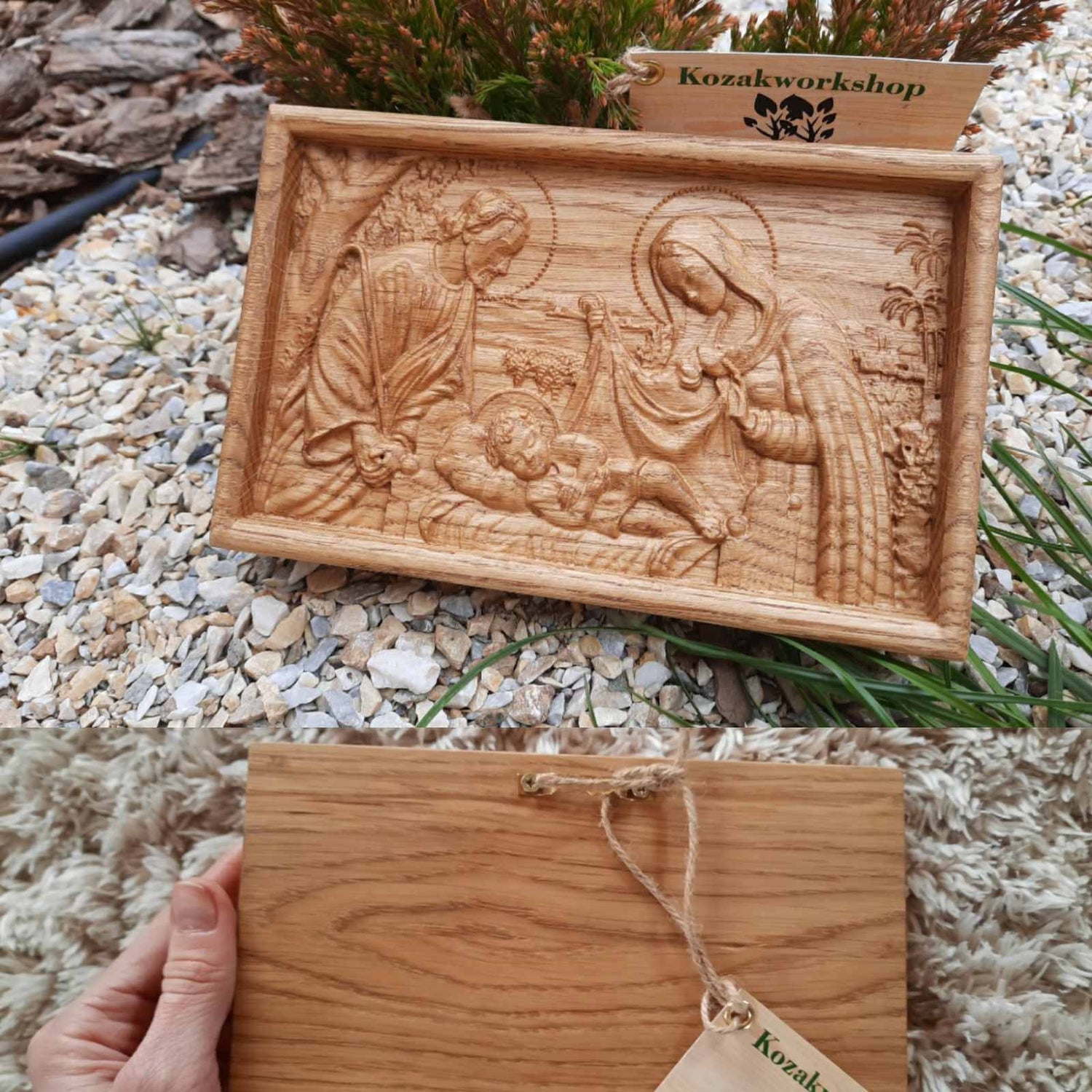 Holy Familly Wooden Carved Plaque with Plain Frame 84