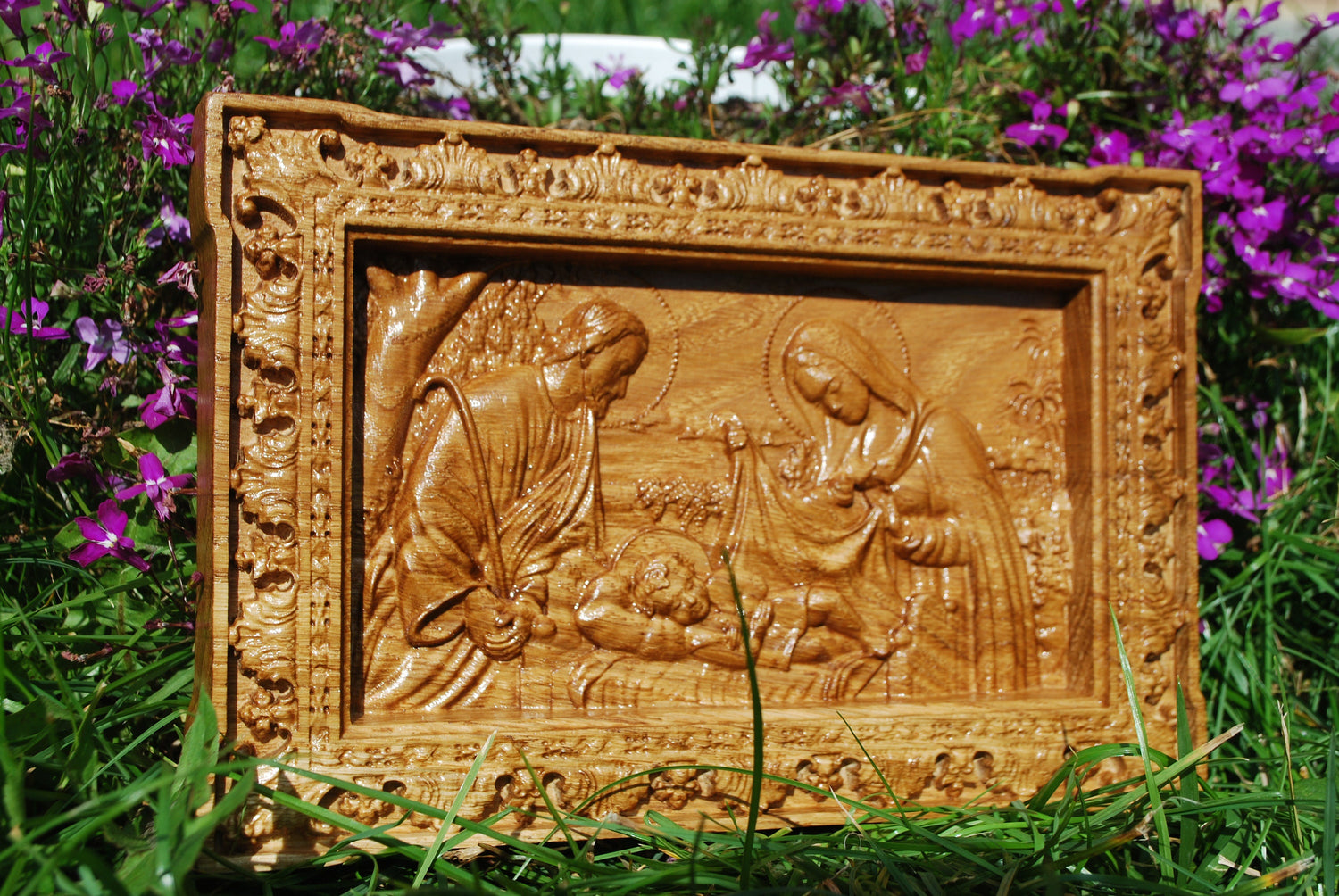 Holy Familly Wooden Carved Plaque Long 267