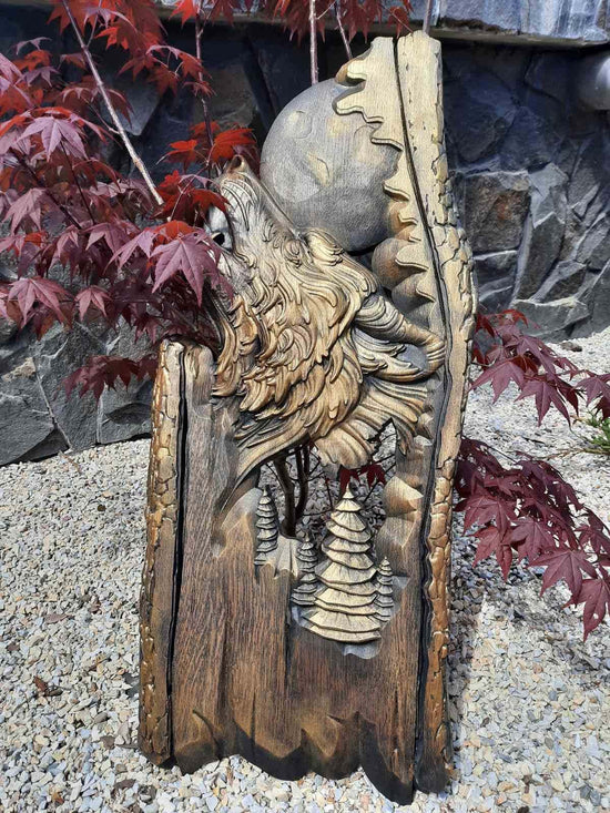 Wolf and a moon Wooden Carved Plaque 99