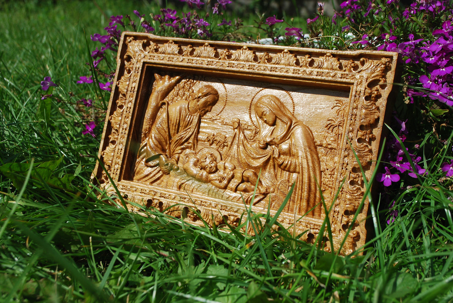 Holy Familly Wooden Carved Plaque Long 267