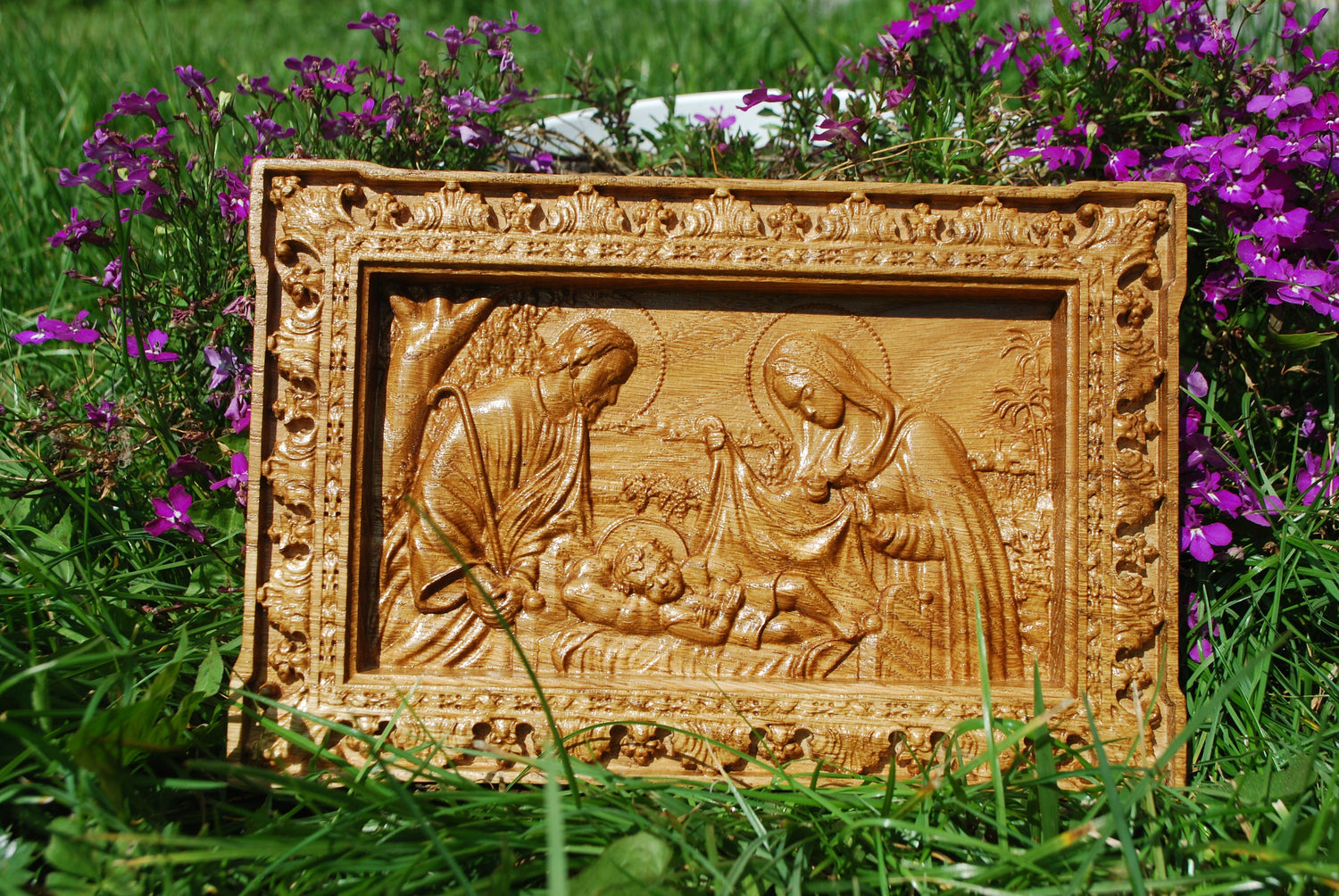 Holy Familly Wooden Carved Plaque Long 267