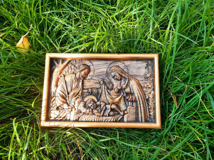 Holy Familly Wooden Carved Plaque with Plain Frame 84