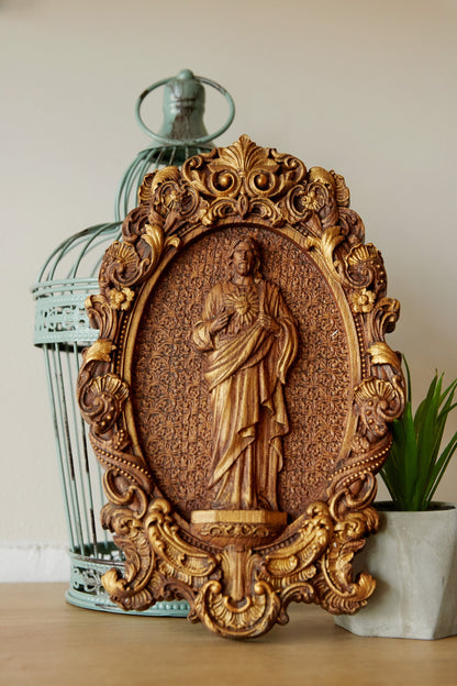 Sacred Heart of Jesus Figure Wooden Bas Relief 261