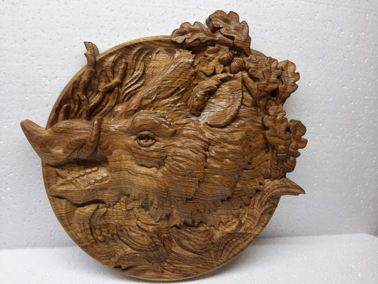 Boar Head Wooden Carved Plaque 271