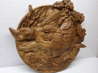 Boar Head Wooden Carved Plaque 271