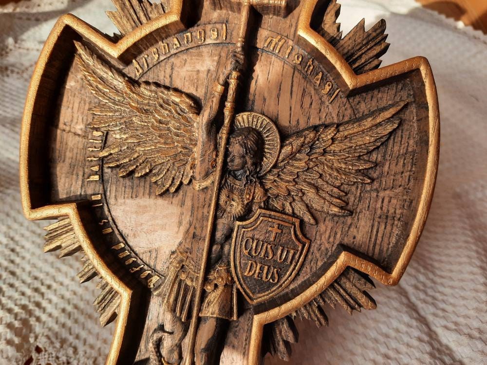 Archangel Michael in the Cross with Shining wooden 3D carved icon 2190