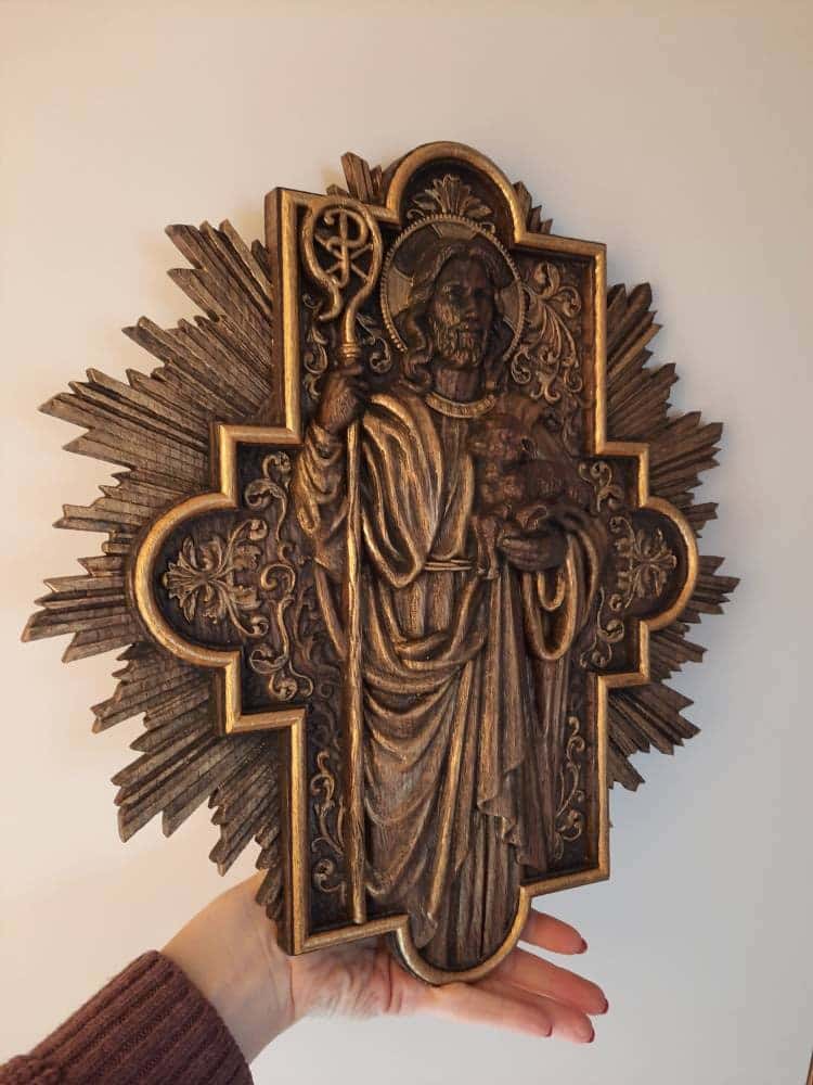 Good Shepherd religious gift Wooden carved chrirstian wall art - Free personal engraving - Natural oak - Handmade wood wall decor