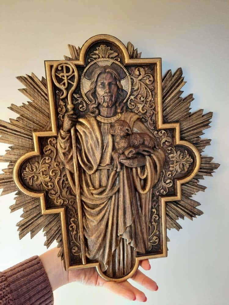 Good Shepherd religious gift Wooden carved chrirstian wall art - Free personal engraving - Natural oak - Handmade wood wall decor