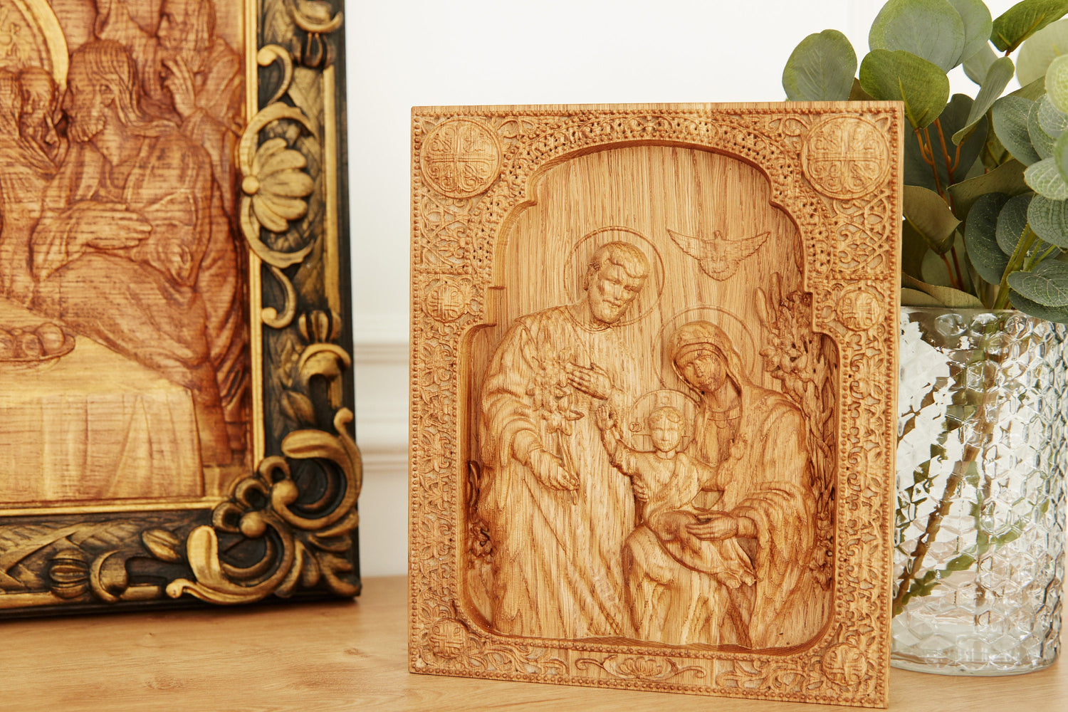 Holy Familly Wooden Carved Plaque with Lilies 95