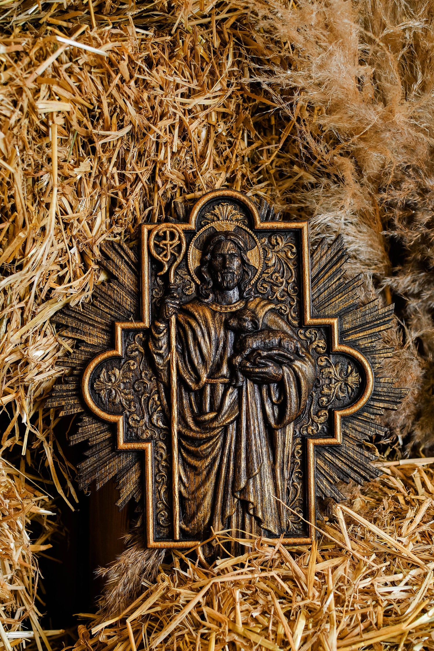 Good Shepherd religious gift Wooden carved chrirstian wall art - Free personal engraving - Natural oak - Handmade wood wall decor