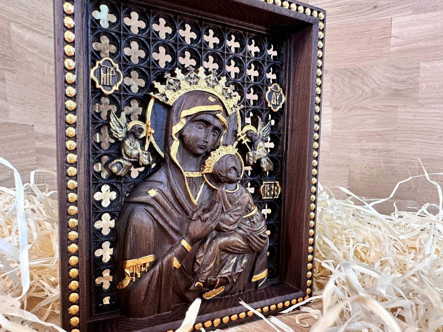 Blessed Virgin Mary of Perpetual Help Wooden carved statuary Natural wood Christian home decor - 6x7 inches