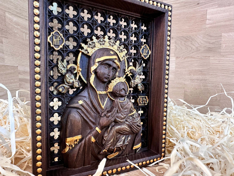 Blessed Virgin Mary of Perpetual Help Wooden carved statuary Natural wood Christian home decor - 6x7 inches