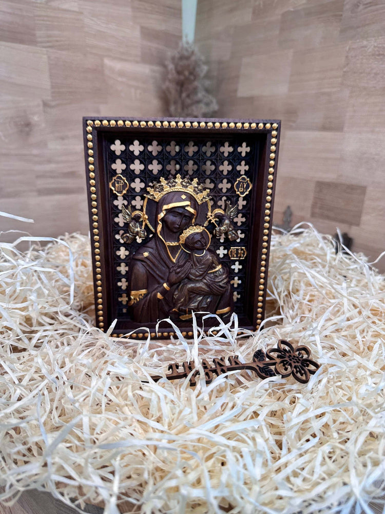 Blessed Virgin Mary of Perpetual Help Wooden carved statuary Natural wood Christian home decor - 6x7 inches