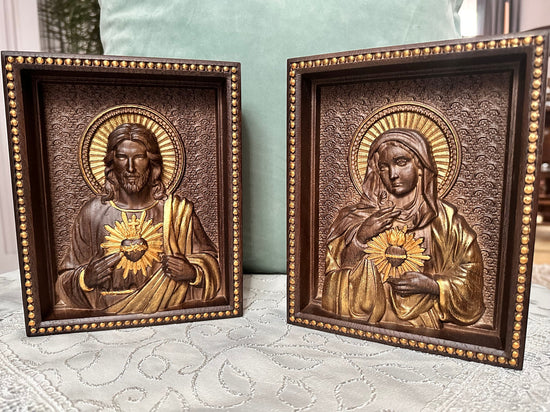 Sacred Heart of Jesus and Immaculate Heart of Mary Set of two Wooden panels Wooden carved statuary 6x7 inches Religious gift