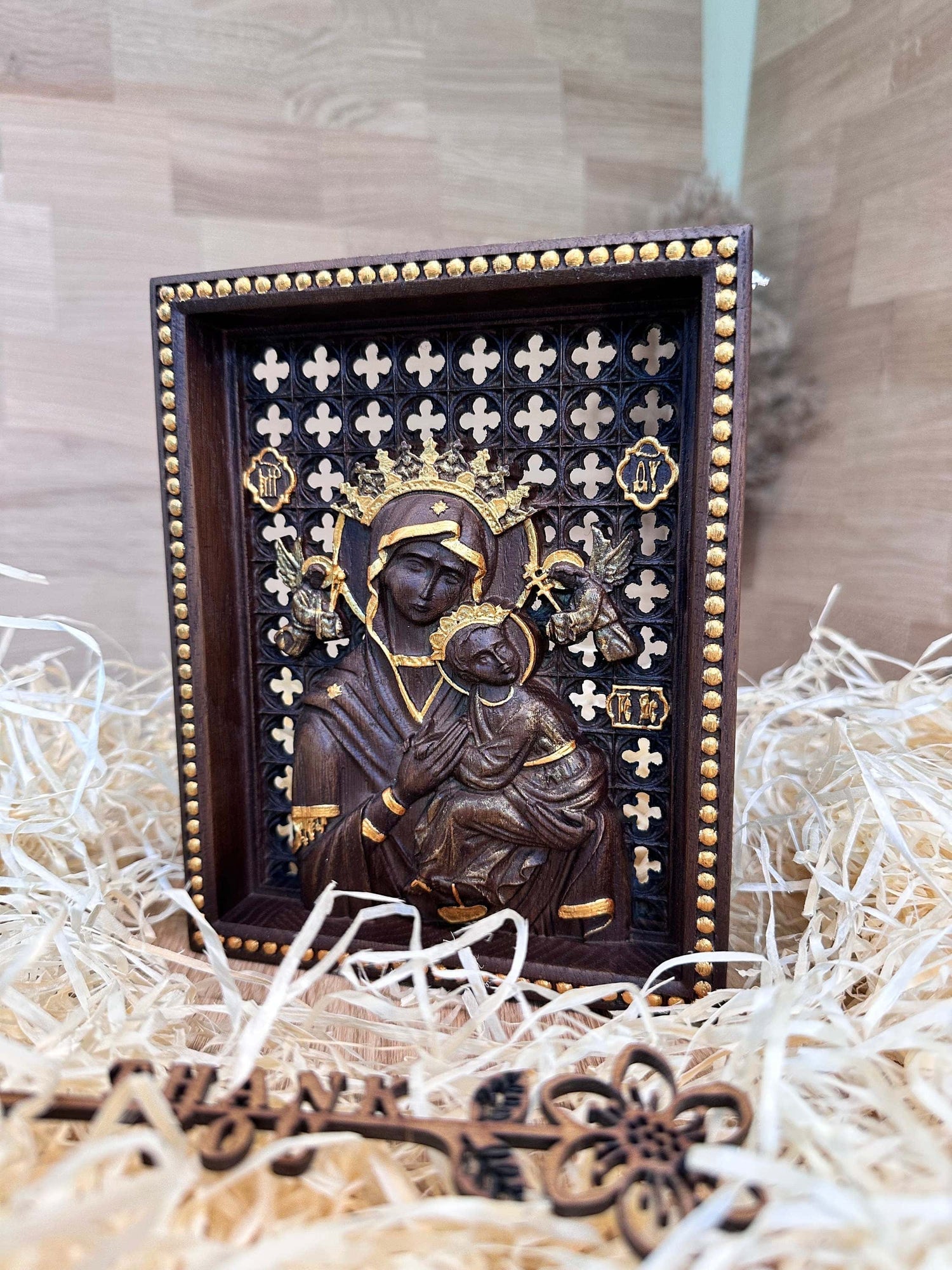 Blessed Virgin Mary of Perpetual Help Wooden carved statuary Natural wood Christian home decor - 6x7 inches