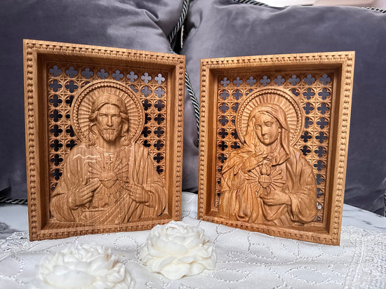 Sacred Heart of Jesus and Immaculate Heart of Mary Set of two Wooden panels Wooden carved statuary 6x7 inches Religious gift